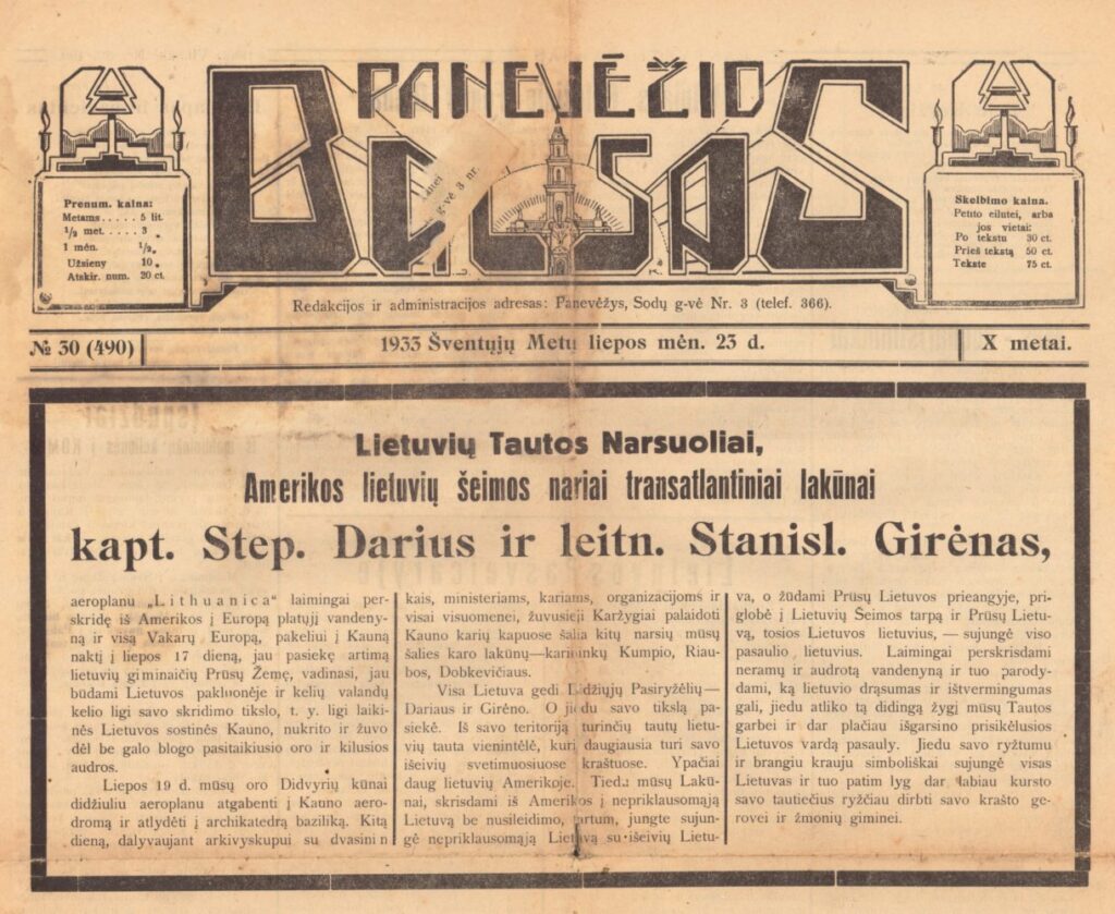 Laikraščio Panevėžio balso, 1933, liep. 23, p. 1 puslapis. Nuotrauka juodai balta.