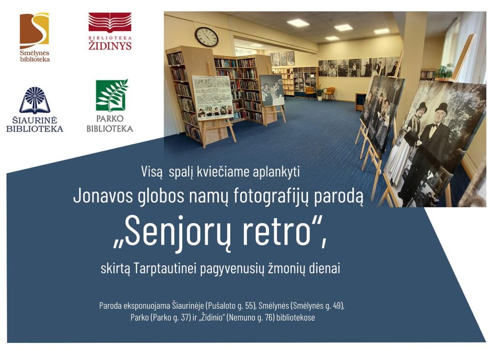 Parodos plakatas su 4 bibliotekų logo ir fotografija