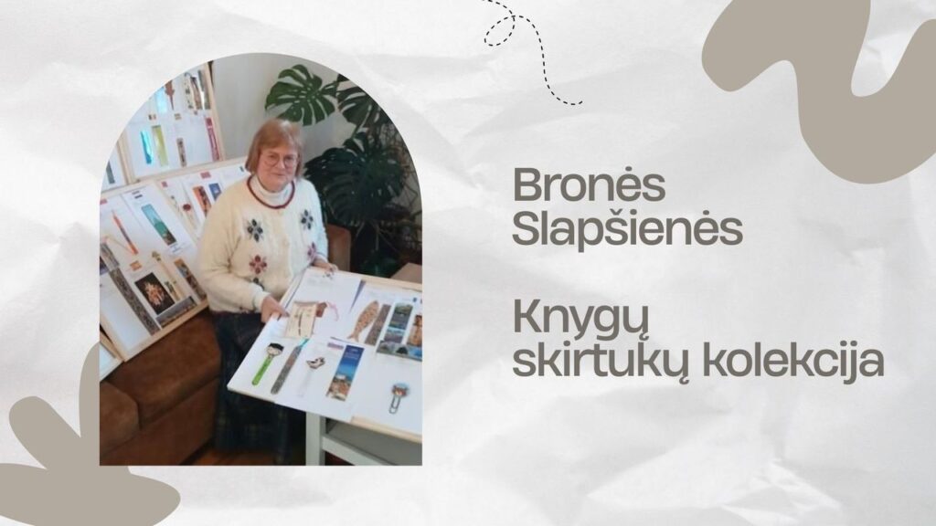 Parodos vizualo nuotraukoje – moteris knygų skirtukų fone